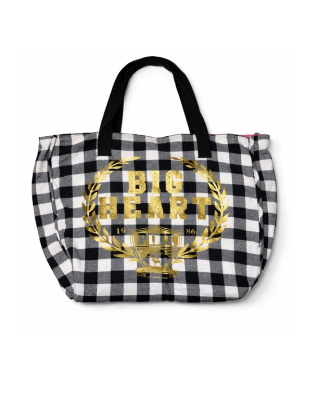 Y2K PINK Victoria's Secret Black & White Gingham Big Heart Bling Tote Bag